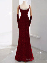 Burgundy Sequins Straps Beading Prom Dress